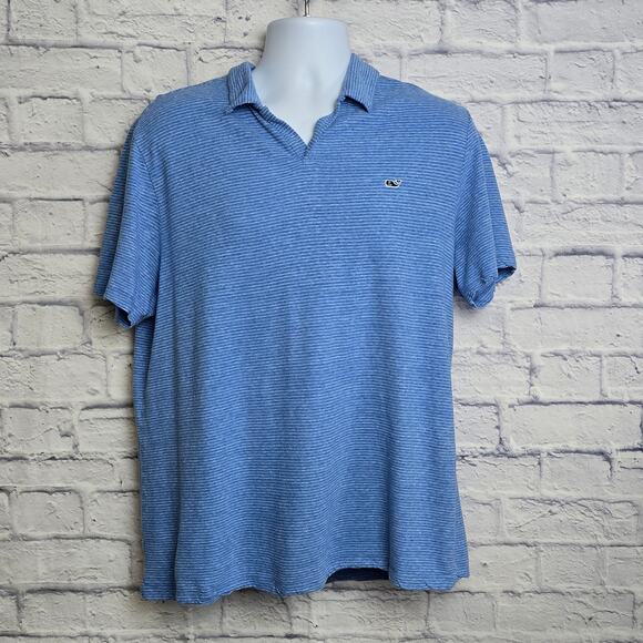 Vineyard Vines Shirt Mens Size Large Linen Blend Polo Blue Stripe Short Sleeve - Picture 1 of 16